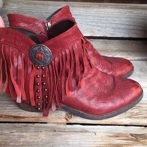 Sam Edelman red fringe booties w/concho